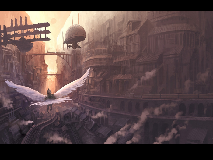 Steampunk city with flying creature and airships