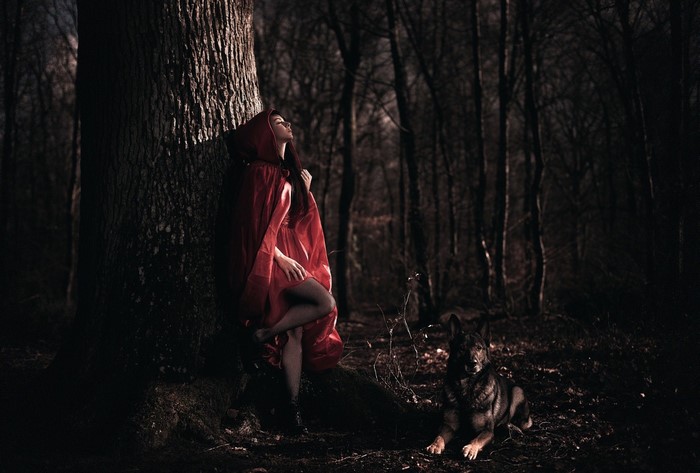 Woman in red hood with dog in dark forest