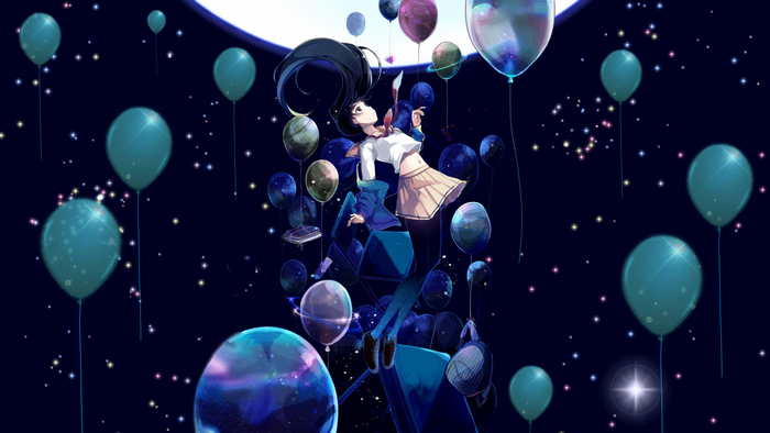 Girl floating among balloons in space