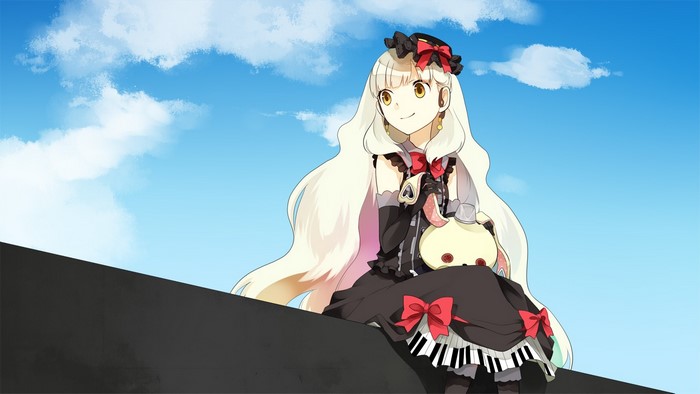 Mayu Vocaloid sitting on a ledge with a stuffed toy