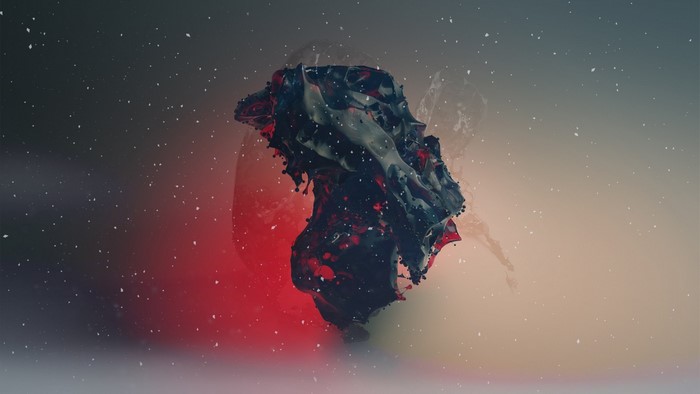 Abstract dark liquid splash with red glow and stars
