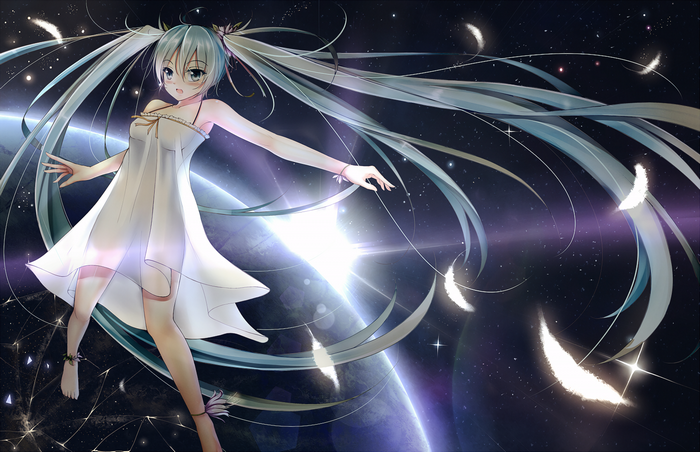 Hatsune Miku in a white dress in space with feathers