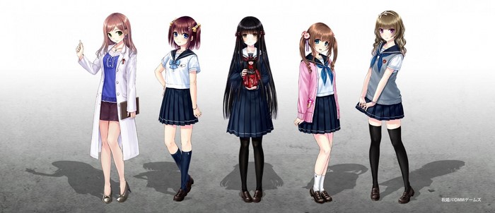 Five anime girls in school uniforms and a lab coat