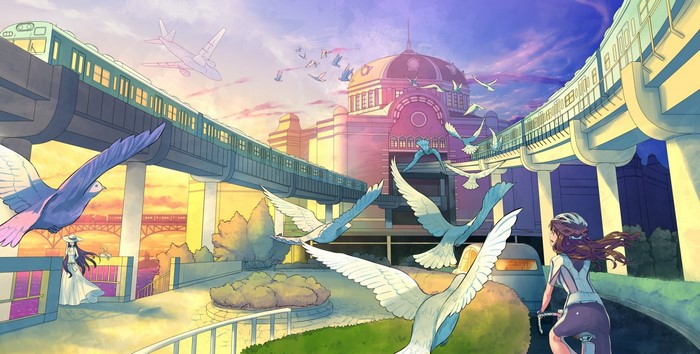 Anime scene with trains, birds, and people