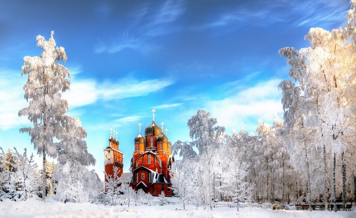 Church in a snowy forest under a blue sky
