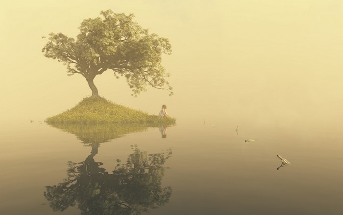 Girl on island with tree reflected in water