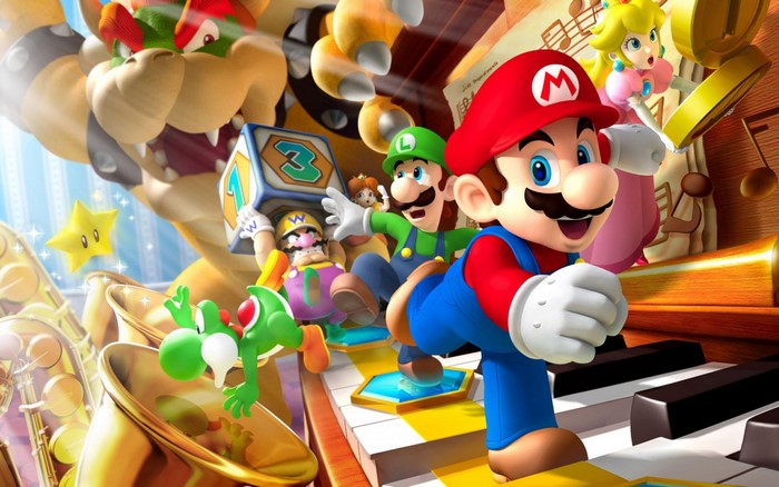 Mario and friends playing music on a piano