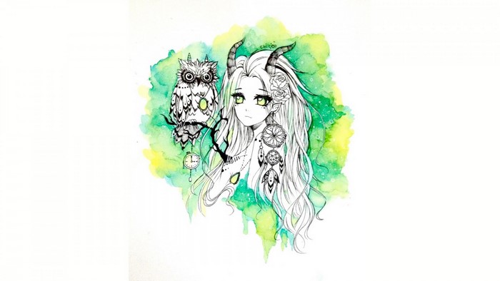 Anime girl with horns and owl on a watercolor background