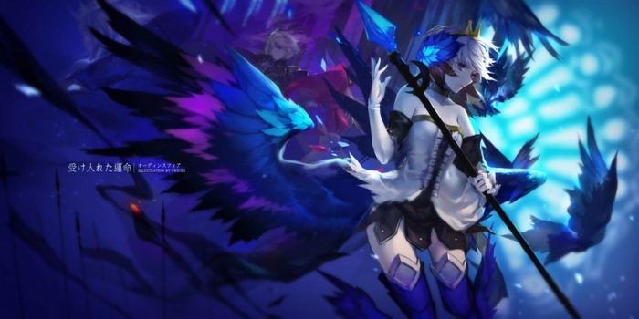 Anime girl with blue wings holding a staff