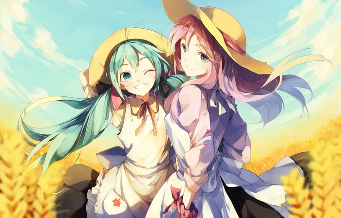 Hatsune Miku and Megurine Luka from Vocaloid in a wheat field