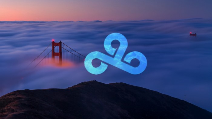 Cloud9 logo over Golden Gate Bridge in fog