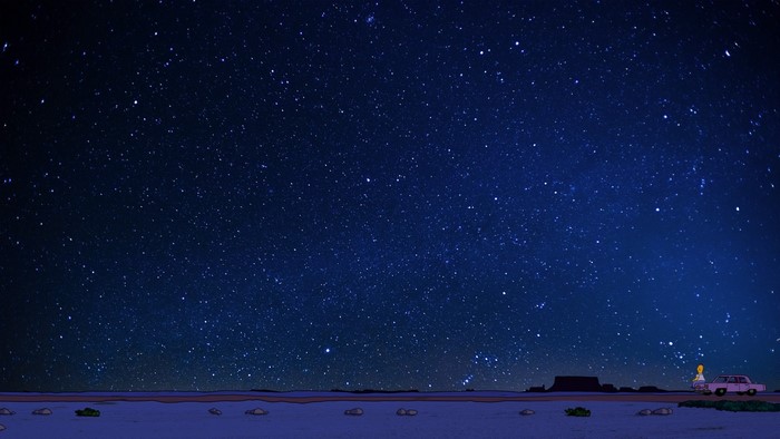 Homer Simpson standing by a car under a starry night sky