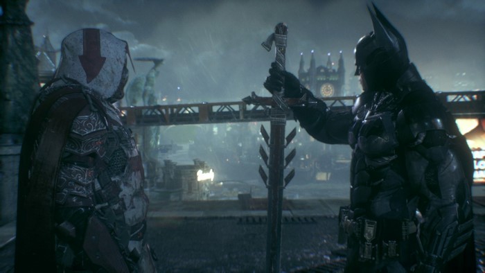 Batman and soldier with sword in Arkham Knight