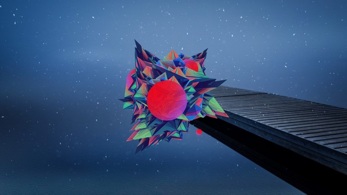 Abstract geometric shape with red sphere on wooden pier