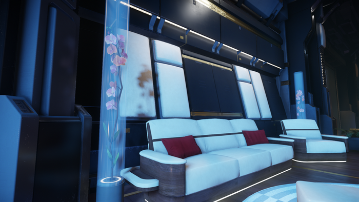 Star Citizen interior with futuristic sofa and armchair