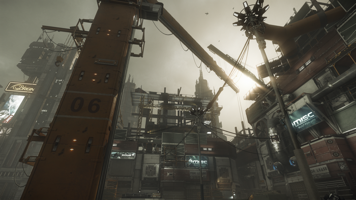 Star Citizen cityscape with MISC and Origin brands