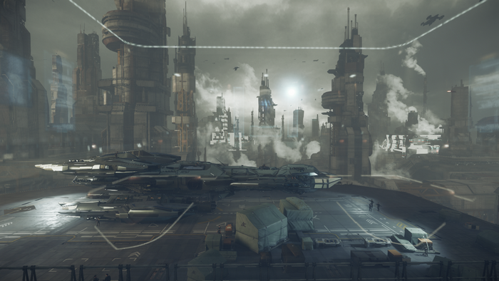 Star Citizen screenshot of a futuristic city and spaceship