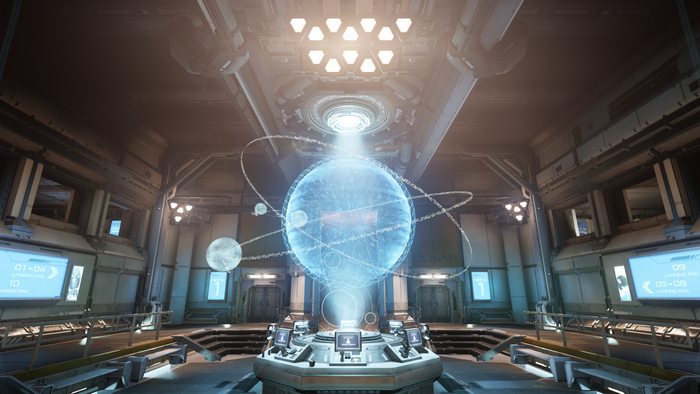 Star Citizen holographic display in a futuristic control room