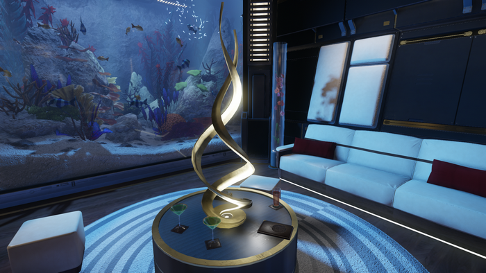 Star Citizen screenshot of a futuristic living room with aquarium