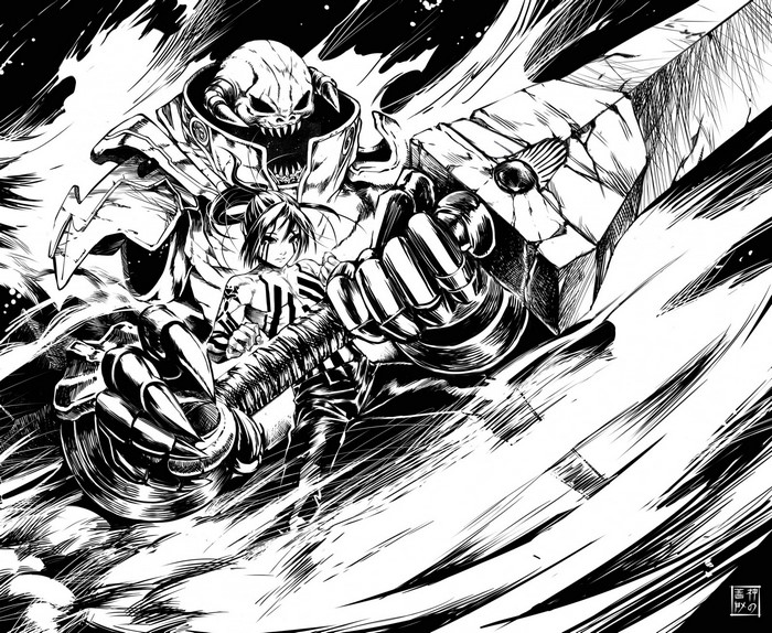 Girl and demon with a giant sword in black and white