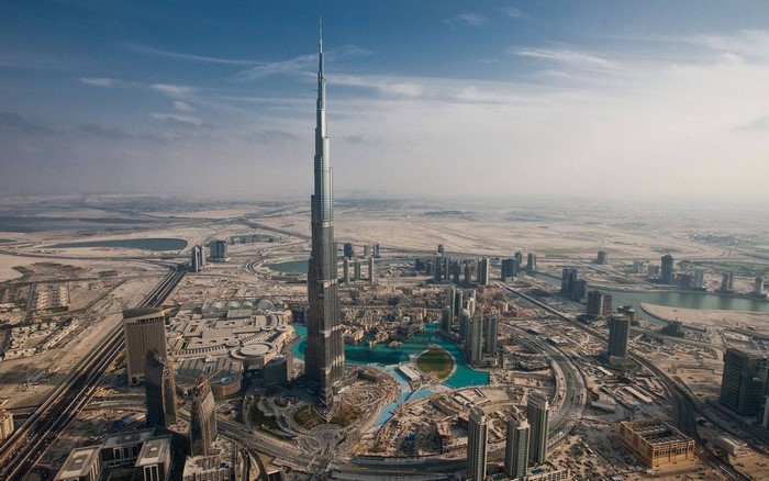 Aerial view of Burj Khalifa and Dubai cityscape