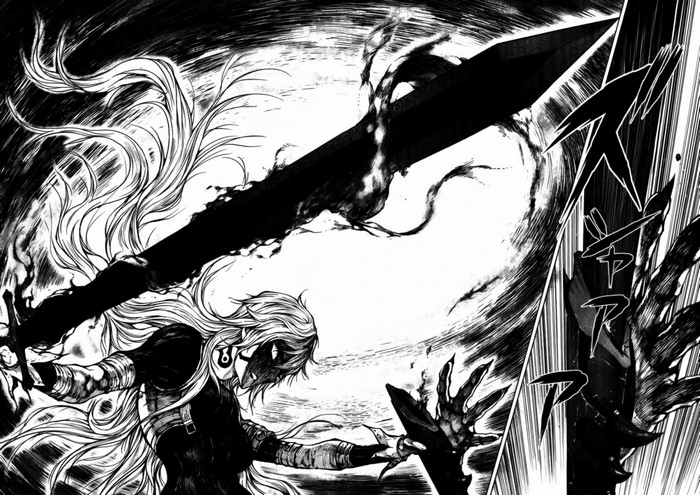 Manga illustration of a character wielding a dark sword