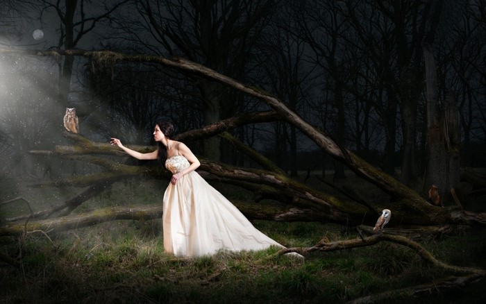Woman in a white dress with owls in a dark forest