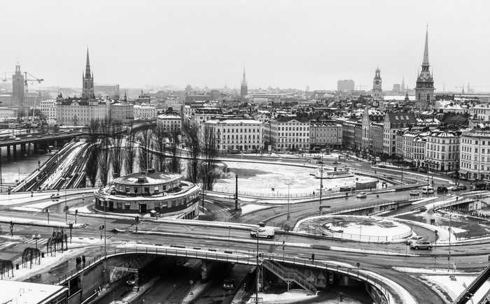 Stockholm cityscape with snow and bridges