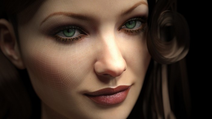 Close-up 3D render of a woman's face with green eyes