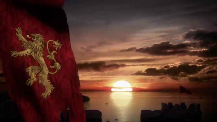 Lion banner at sunset over the sea