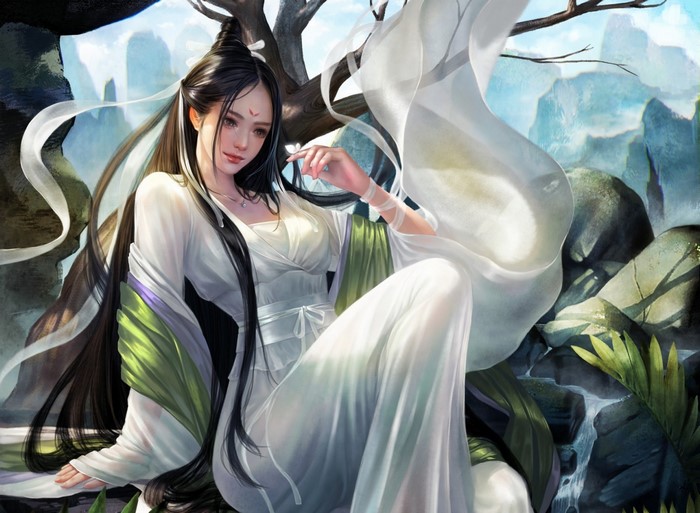 Fantasy art of a woman in white dress
