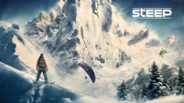 Steep video game cover art with mountains and extreme sports