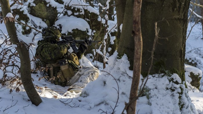 Soldier in winter camouflage with rifle in snowy forest