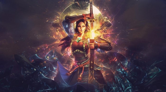 Amaterasu from Smite holding a glowing sword