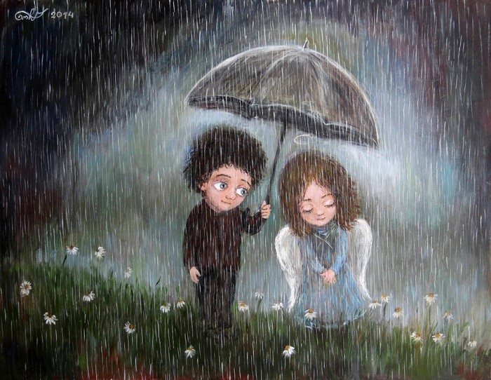 Painting of a boy holding an umbrella over an angel in the rain