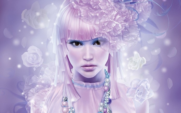 Digital art of a woman with purple hair and flowers