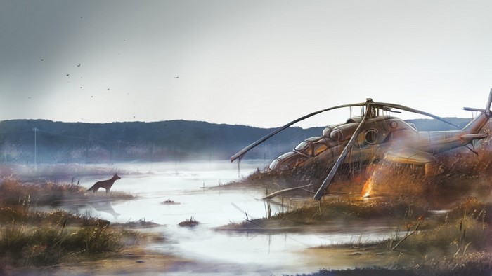 Dog and crashed helicopter in a misty landscape