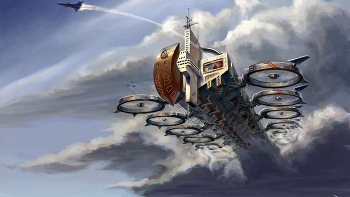 Steampunk airship with multiple propellers in the sky