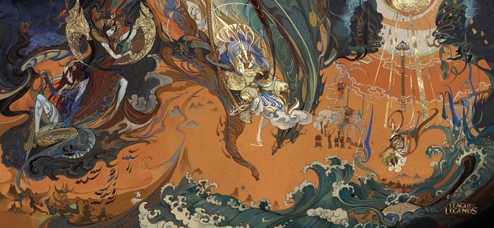 League of Legends mural with mythological figures and dragons