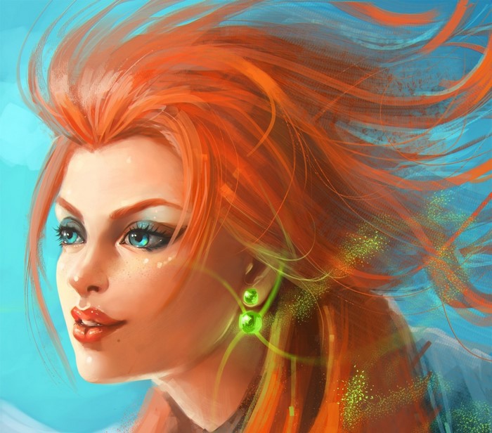 Illustration of a woman with red hair and blue eyes