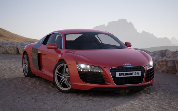 Red Audi R8 Evermotion sports car in a rocky landscape