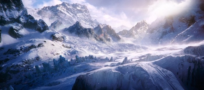 Snowy mountain range with glaciers and wind