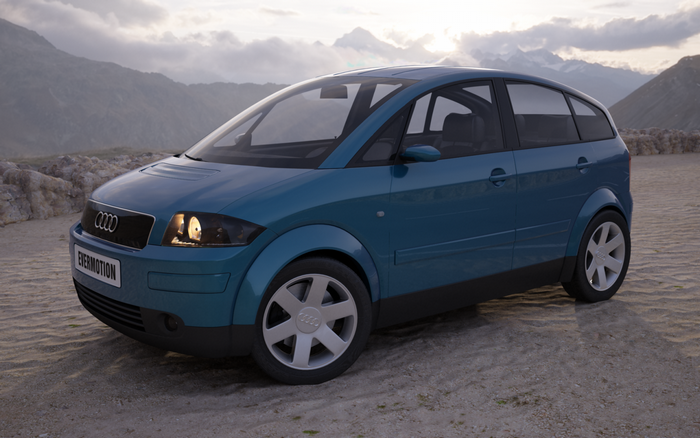 Blue Audi A2 parked on a sandy terrain with mountains in background