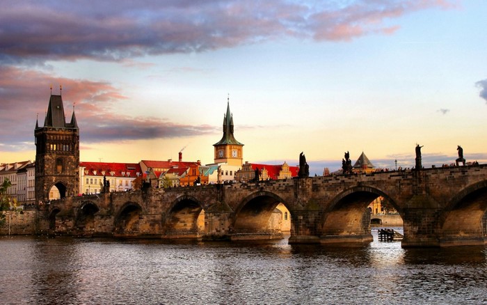 Charles Bridge at sunset, Prague, Czech Republic
