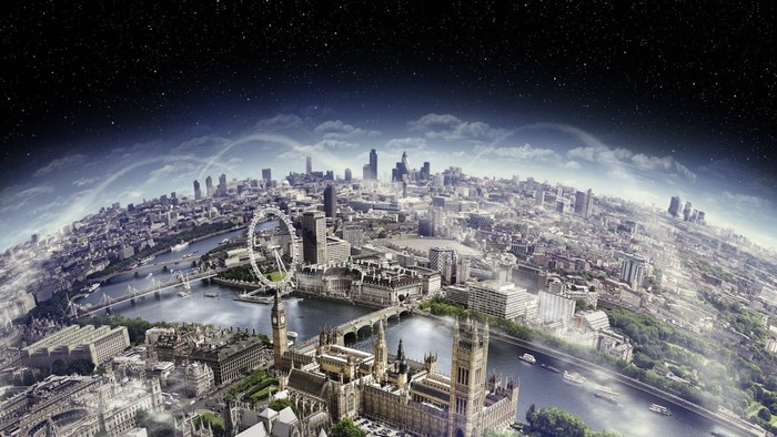 Digital art panorama of London cityscape from space