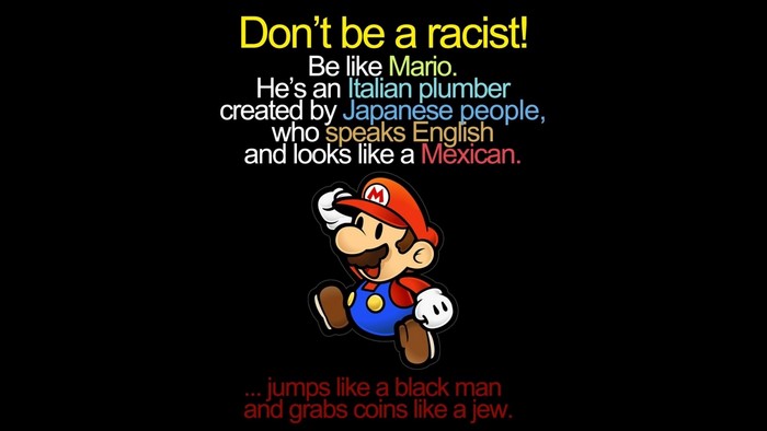 Mario from Super Mario with a quote about racism
