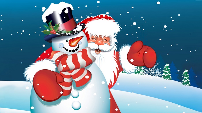 Santa Claus and Snowman in a Snowy Landscape