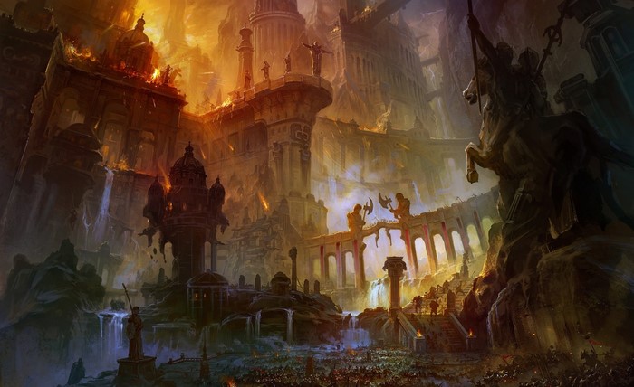 Fantasy battle in a burning, ancient city