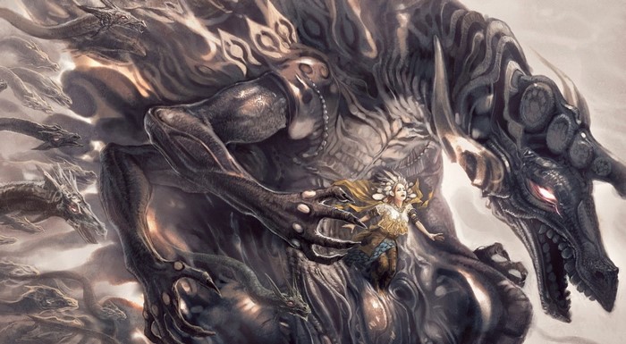 A woman with a headdress is held by a large dark creature surrounded by dragons