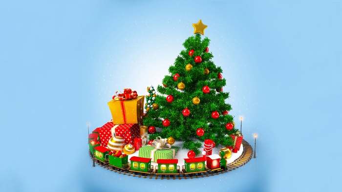Christmas tree with gifts and toy train
